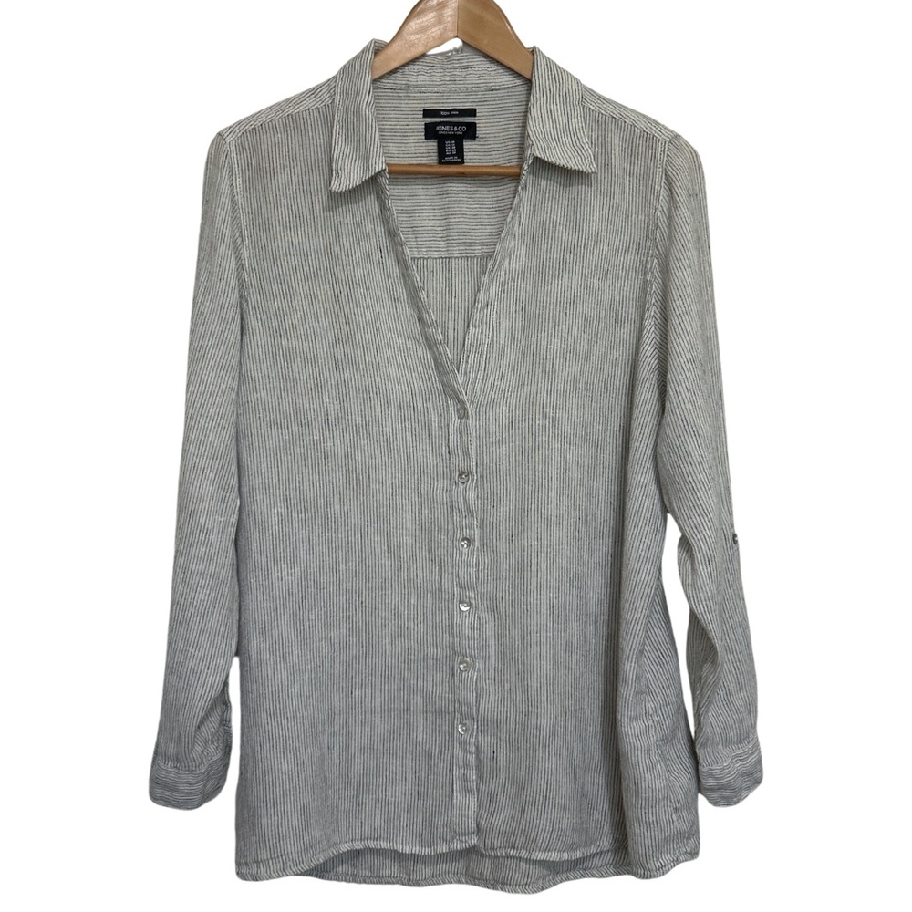 JNY 100% Linen Long Sleeve Striped Boho Chic Button Down Top - 1X - White, Black